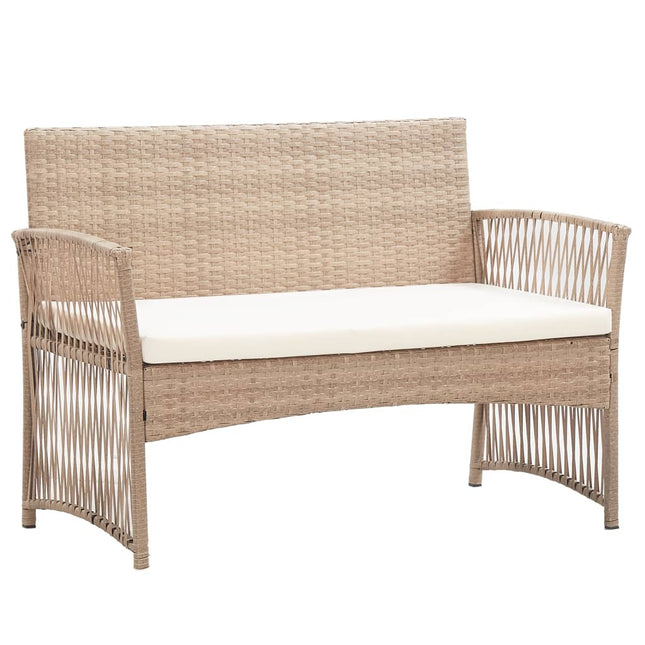 Salon de jardin avec banc, fauteuils et table basse en résine tressée et coussins beige