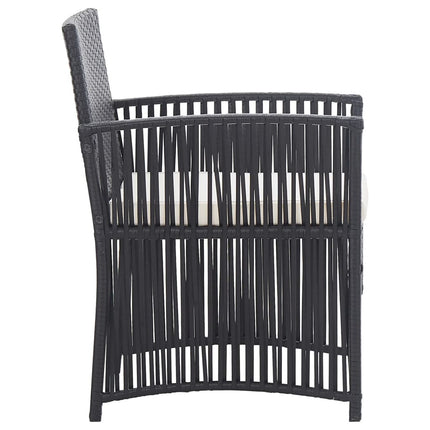Salon de jardin avec banc, fauteuils et table basse en résine tressée et coussins noirs