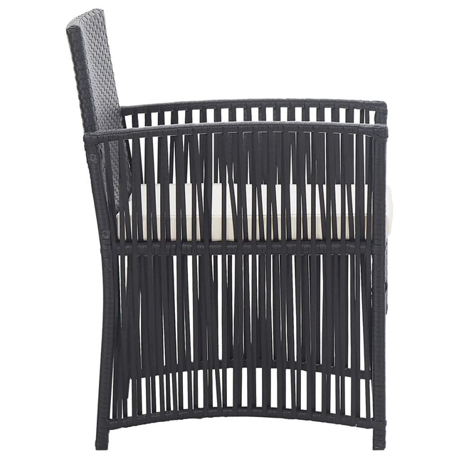 Salon de jardin avec banc, fauteuils et table basse en résine tressée et coussins noirs