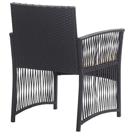 Salon de jardin avec banc, fauteuils et table basse en résine tressée et coussins noirs