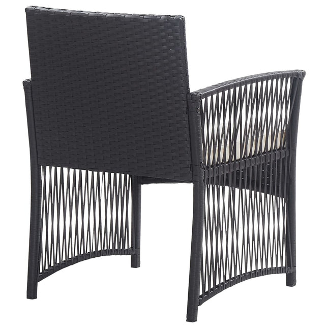 Salon de jardin avec banc, fauteuils et table basse en résine tressée et coussins noirs