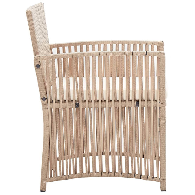 Salon de jardin avec banc, fauteuils et table basse en résine tressée et coussins beige