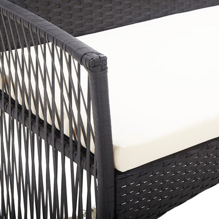 Salon de jardin avec banc, fauteuils et table basse en résine tressée et coussins noirs