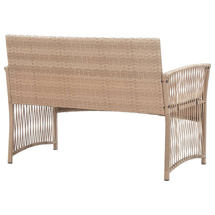 Salon de jardin avec banc, fauteuils et table basse en résine tressée et coussins beige