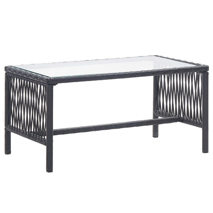 Salon de jardin avec banc, fauteuils et table basse en résine tressée et coussins noirs