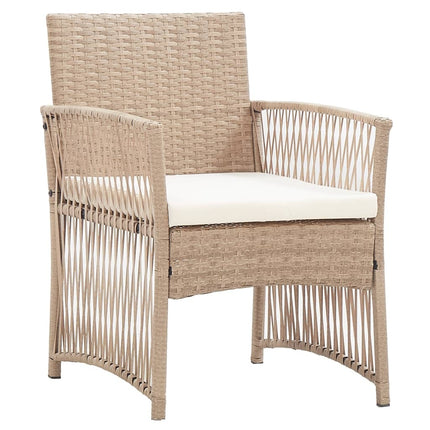 Salon de jardin avec banc, fauteuils et table basse en résine tressée et coussins beige