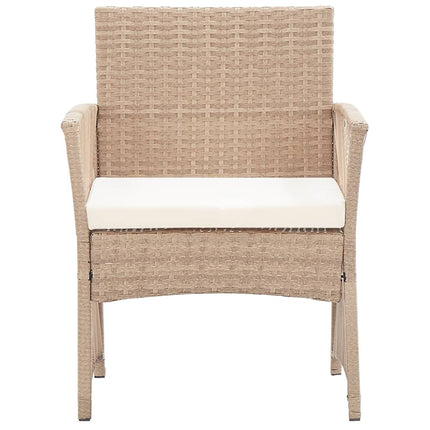 Salon de jardin avec banc, fauteuils et table basse en résine tressée et coussins beige