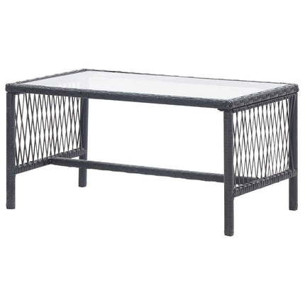 Salon de jardin avec banc, fauteuils et table basse en résine tressée et coussins noirs