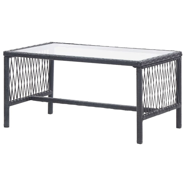 Salon de jardin avec banc, fauteuils et table basse en résine tressée et coussins noirs