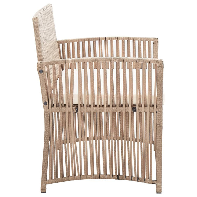Salon de jardin avec banc, fauteuils et table basse en résine tressée et coussins beige