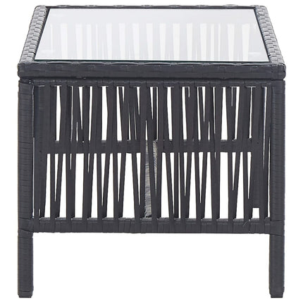 Salon de jardin avec banc, fauteuils et table basse en résine tressée et coussins noirs