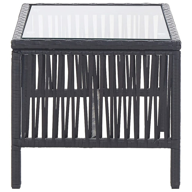 Salon de jardin avec banc, fauteuils et table basse en résine tressée et coussins noirs