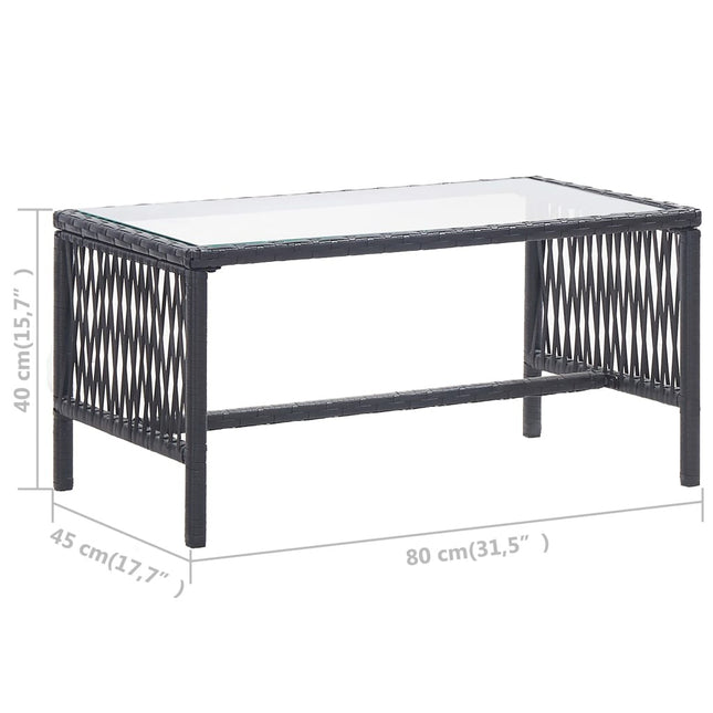 Salon de jardin avec banc, fauteuils et table basse en résine tressée et coussins noirs