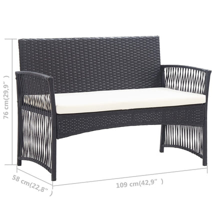 Salon de jardin avec banc, fauteuils et table basse en résine tressée et coussins noirs