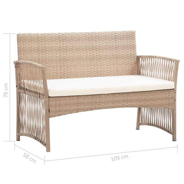 Salon de jardin avec banc, fauteuils et table basse en résine tressée et coussins beige