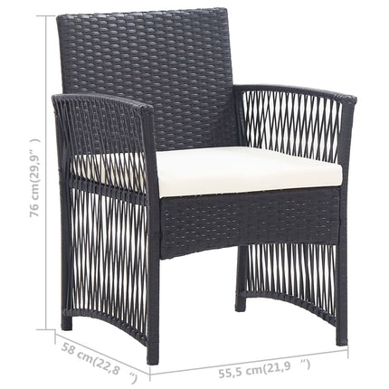 Salon de jardin avec banc, fauteuils et table basse en résine tressée et coussins noirs