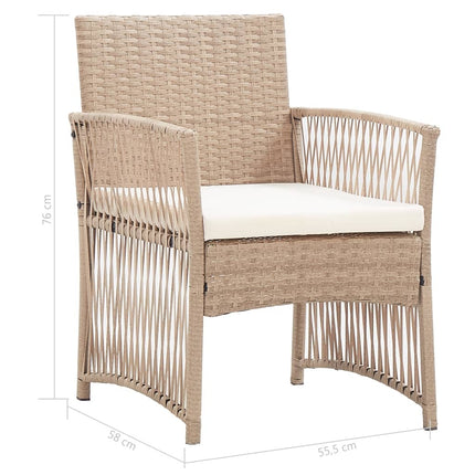 Salon de jardin avec banc, fauteuils et table basse en résine tressée et coussins beige